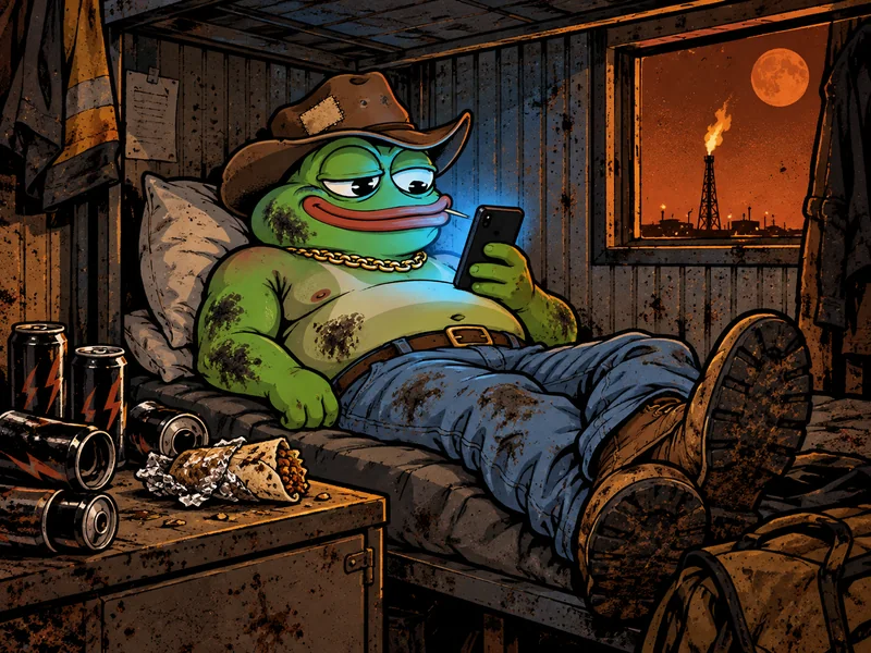 The exhausted Landman checks his phone in a cramped man-camp bunk.